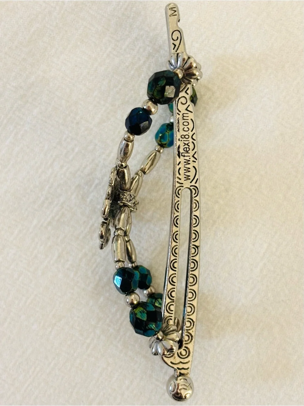 Lilla Rose Silver Teal Green Beaded Celtic Filigree Flexi Clip Hair Slide